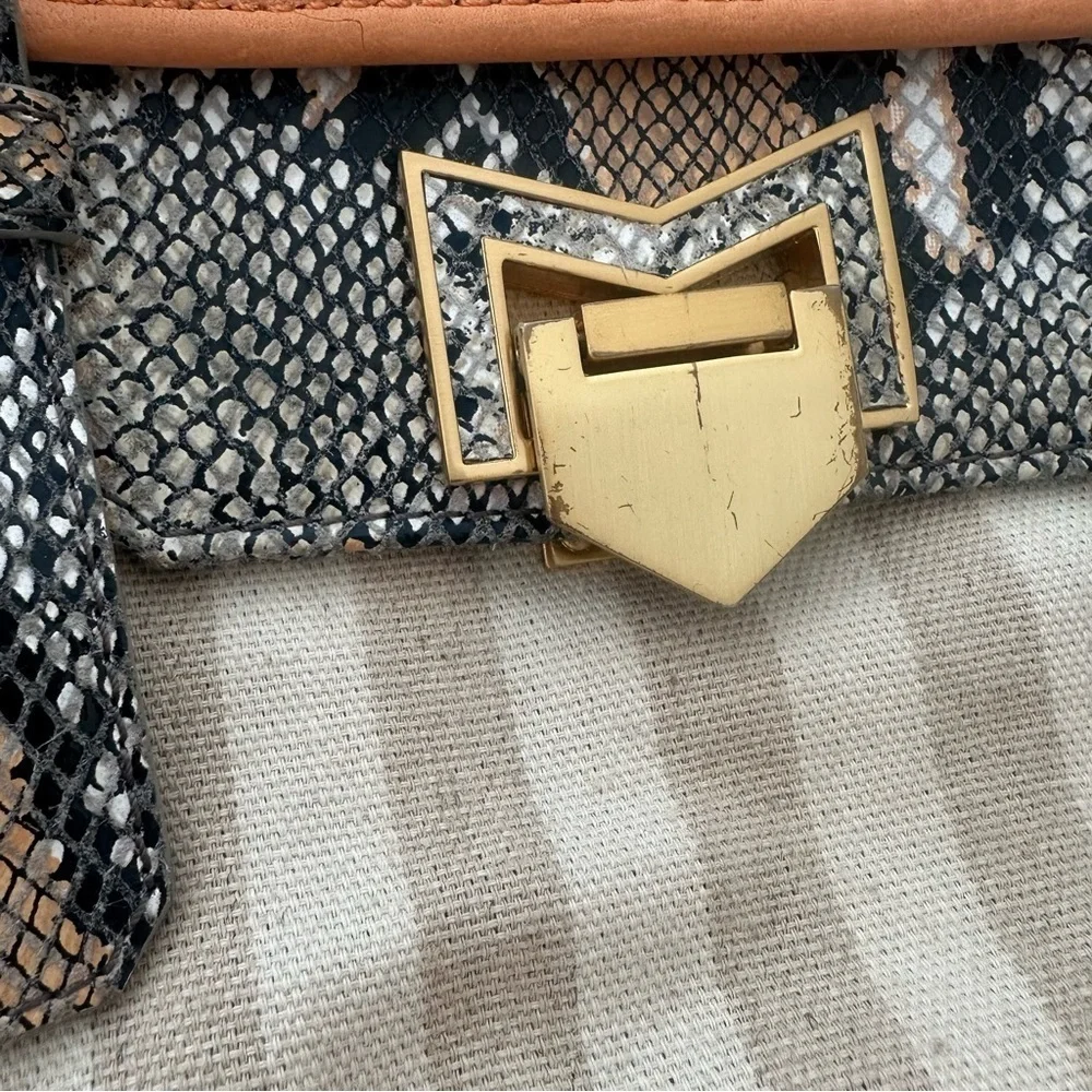 Treesje Beige Stripe Canvas Snakeskin Print Handbag Satchel Purse